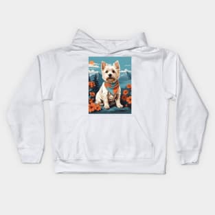 West Highland White Terrier in Bandana with Mountain Background Kids Hoodie